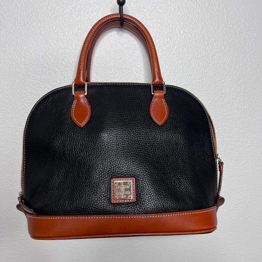Dooney & Bourke Pebble Grain Zip Around Satchel Black / Cognac Brown Leather Bag